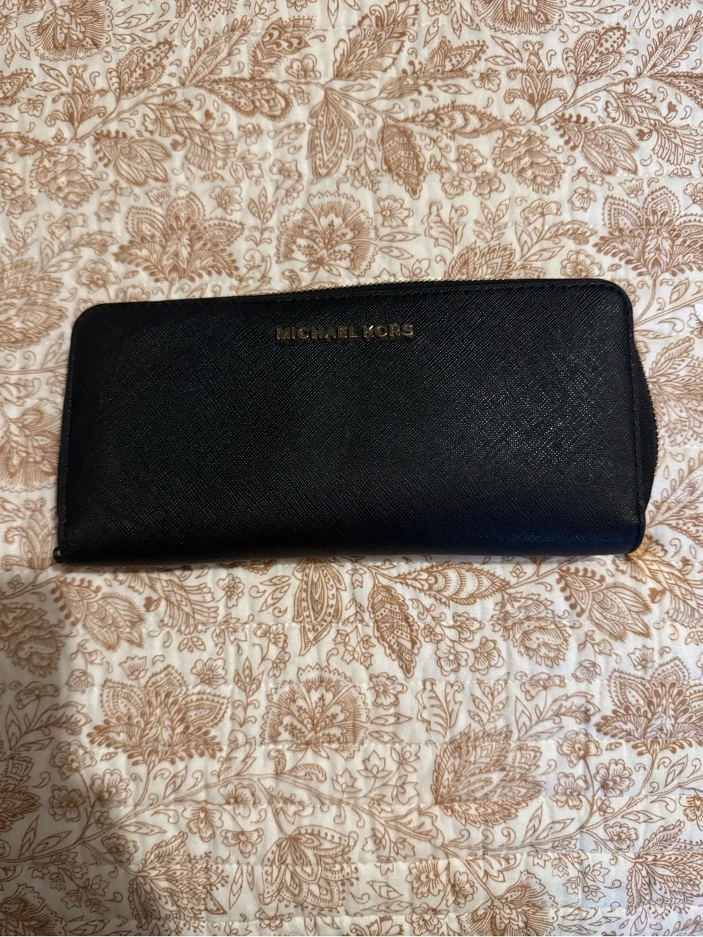 Michael Kors Black Saffiano Zip Wallet with Gold Hardware